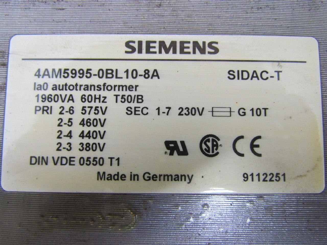 Siemens 4AM5995-0BL10-8A 1960VA LA0 Auto Transformer Pri 380-575V Sec 230V