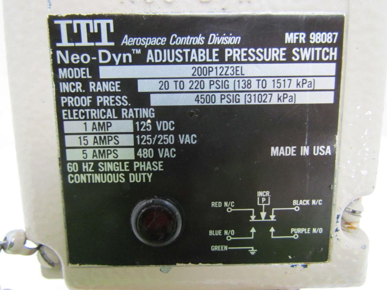 ITT 200P12Z3EL Adjustable Pressure Switch 20 to 220 PSIG