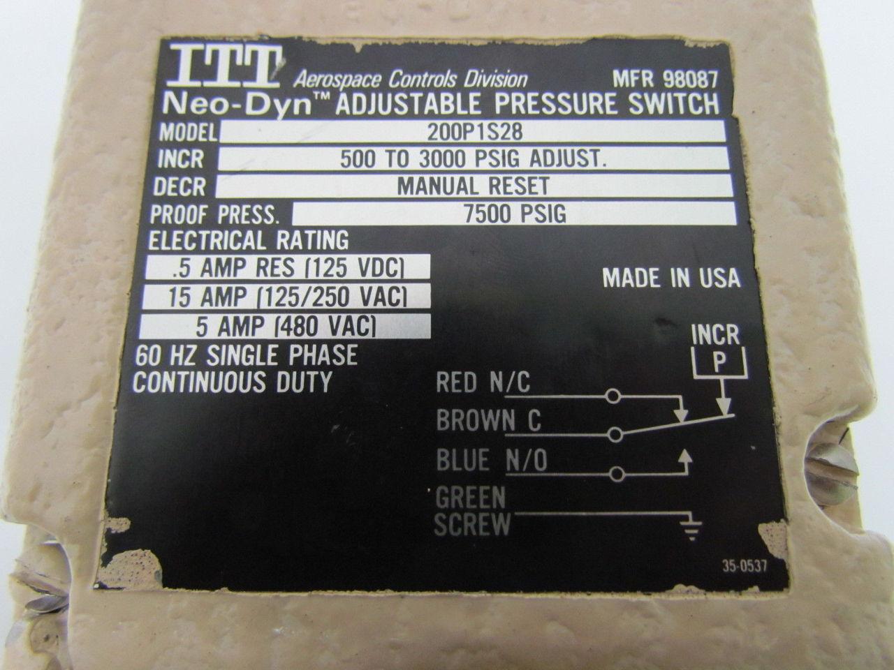 ITT 200P1S28 Adjustable Pressure Switch 500 to 3000 PSIG