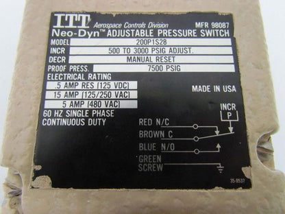 ITT 200P1S28 Adjustable Pressure Switch 500 to 3000 PSIG