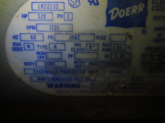 Doerr Electric LR39793 1/2HP 1PH 115/208-230 J56Z Vacuum Pump Motor 7/8" Shaft