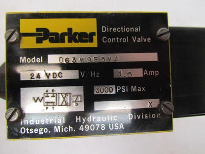 Parker D63W9E5VJ Directional Control Valve 24VDC 3000 PSI Max