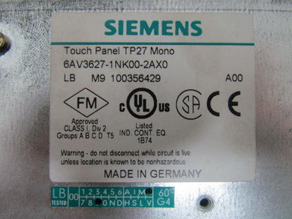 Siemens 6AV3627-1NK00-2AX0 Simatic TP27 Mono Touch-Screen Operator Interface Pan