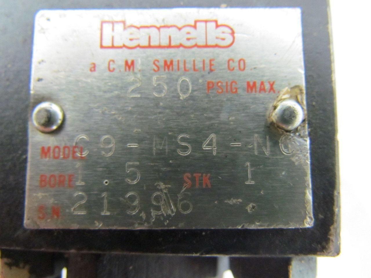 Hennells NC9-MS4-NC Pneumatic Air Cylinder 1-1/2" Bore 1" Stroke 250 PSI 1.5x1"
