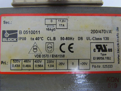 Block B0510011 Transformer 200/470VA Pri 520/460/400/220V Sec 11.8V 17A