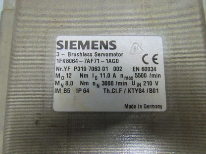 Siemens 1FK6064-7AF71-1AG0 3 PH Brushless Servo Motor Incremental Encoder 1 VPP