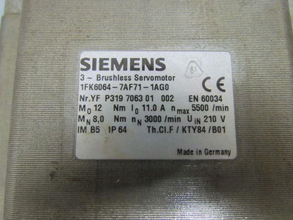 Siemens 1FK6064-7AF71-1AG0 3 PH Brushless Servo Motor Incremental Encoder 1 VPP