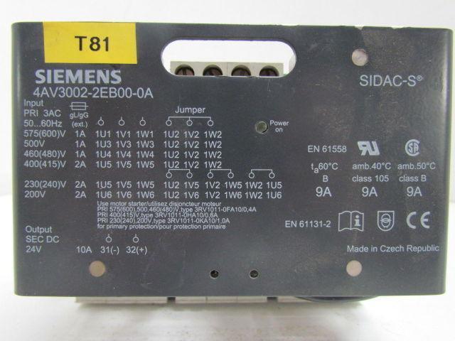 Siemens 4AV3002-2EB00-0A Power Supply 3 Phase 200-600VAC 24VDC 10 Amp SIDAC-S