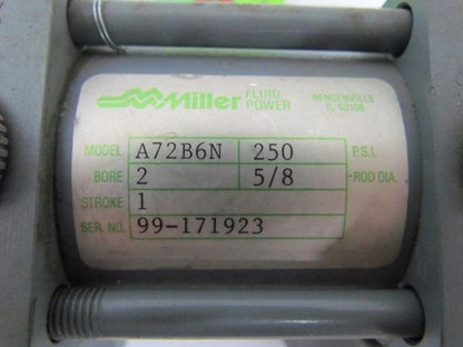 Miller A72B6N Pneumatic Air Cylinder 2" Bore 1" Stroke Series A 250 PSI