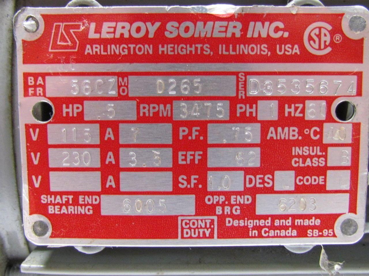 Leroy Somer D265 Ser No D3535674 .5Hp 1Ph 115/230V Electric Motor 56CZ Frame