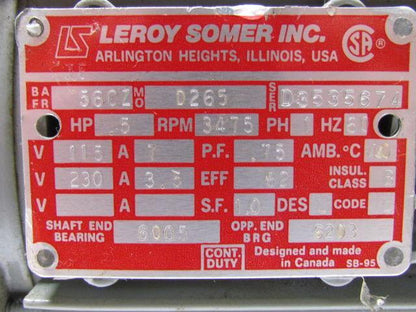 Leroy Somer D265 Ser No D3535674 .5Hp 1Ph 115/230V Electric Motor 56CZ Frame