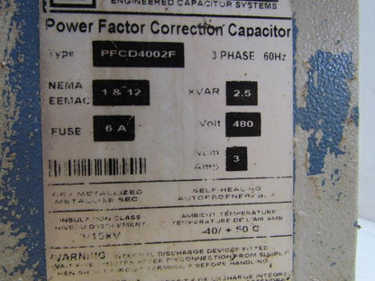 Square D PFCD4002F ReactiVar Fused Correction Capacitor 6 Amp 3PH 480V 2.5 KVAR