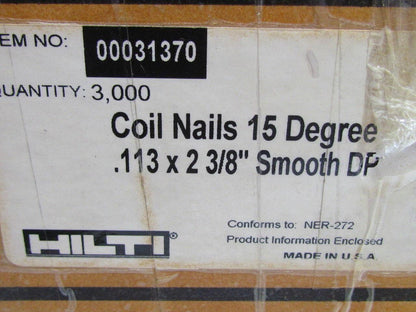 Hilti 00031370 15 Degree Coil Nails .113"x2-3/8" Smooth DP  3000 ct. Box