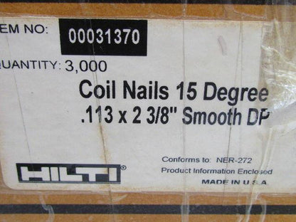Hilti 00031370 15 Degree Coil Nails .113"x2-3/8" Smooth DP  3000 ct. Box