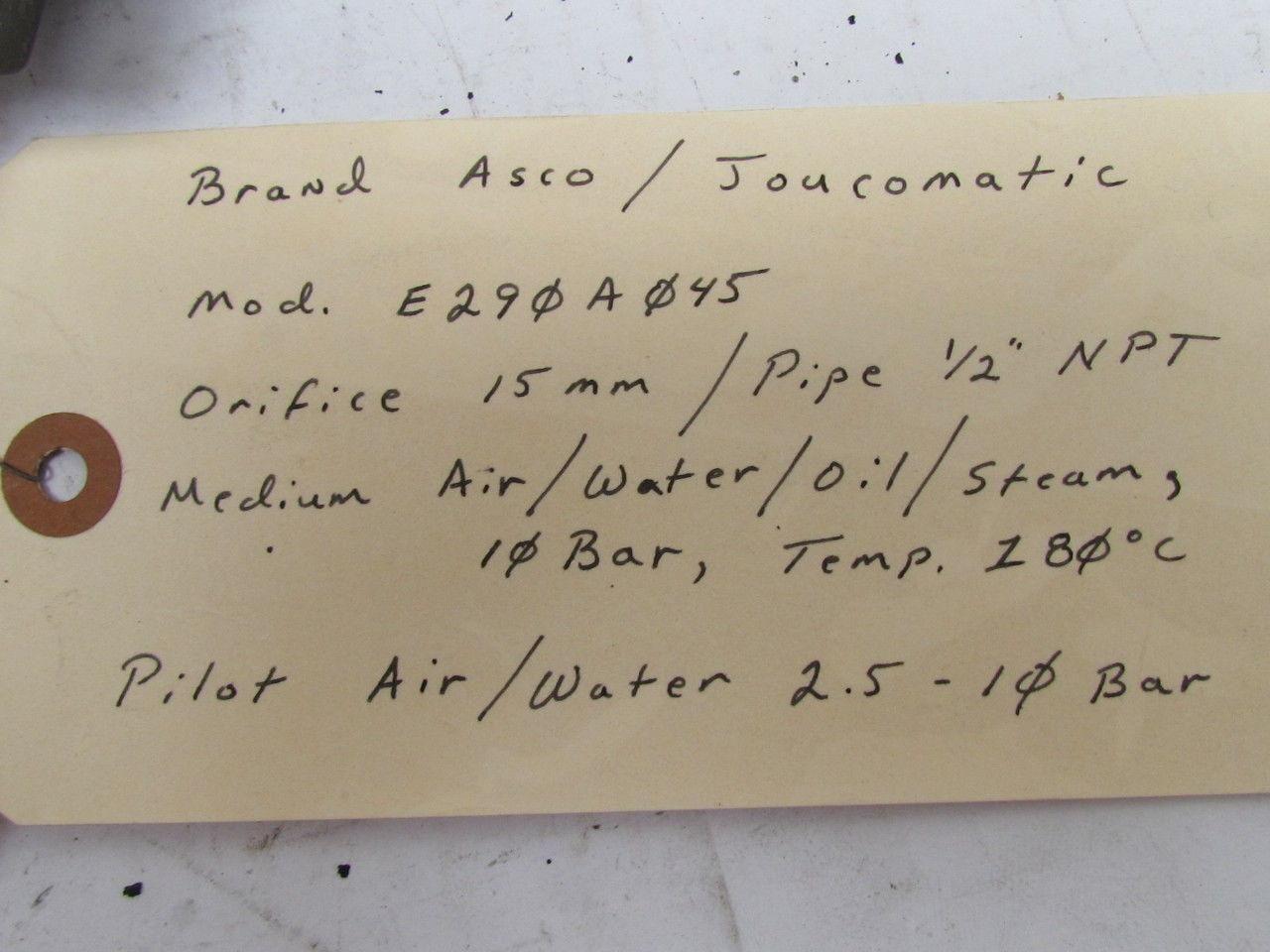 ASCO Joucomatic 1/2" Stainless Steel Pressure Operated Angled Piston Type Valve