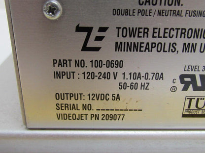 Tower Electronics 100-0690 209077 Power Supply  120/240 In  12VDC 5 Amp Output