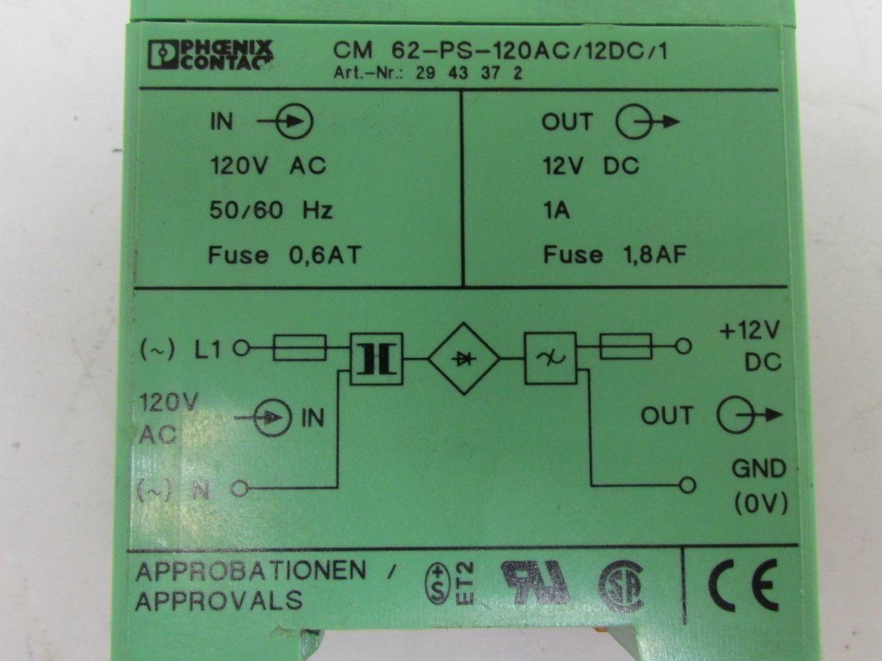 Phoenix Contact CM 62-PS-120AC/12DC/1 2943372 Power Supply Unit 120VAC 12VDC Out
