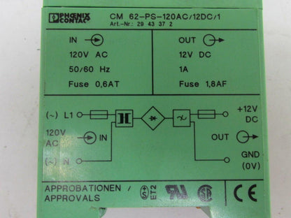 Phoenix Contact CM 62-PS-120AC/12DC/1 2943372 Power Supply Unit 120VAC 12VDC Out