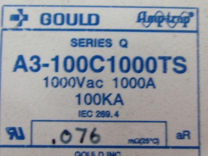 Gould A3-100C1000TS Series Q Fuse 1000VAC 1000A 100KA