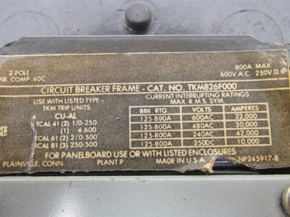GE TKM826F000 2-Pole 800 Amp Circuit Breaker 250VDC 600VAC Bolt-On Panel Mount