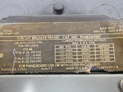 GE TKM826F000 2-Pole 800 Amp Circuit Breaker 250VDC 600VAC Bolt-On Panel Mount