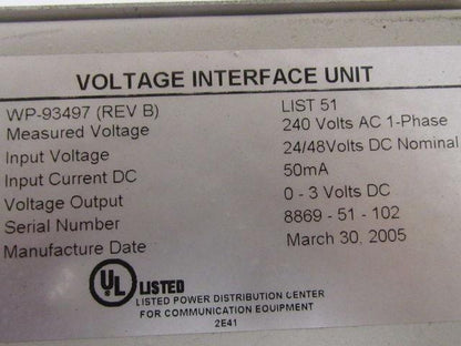 Tyco WP-93497 AC Voltage Interface VIU 0-3VDC 1PH Galaxy Millennium Controller