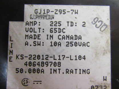 Heinemann GJ1P-Z95-7W Special Purpose Circuit Breaker 225Amp 65VDC 25 KAIC 1Pole