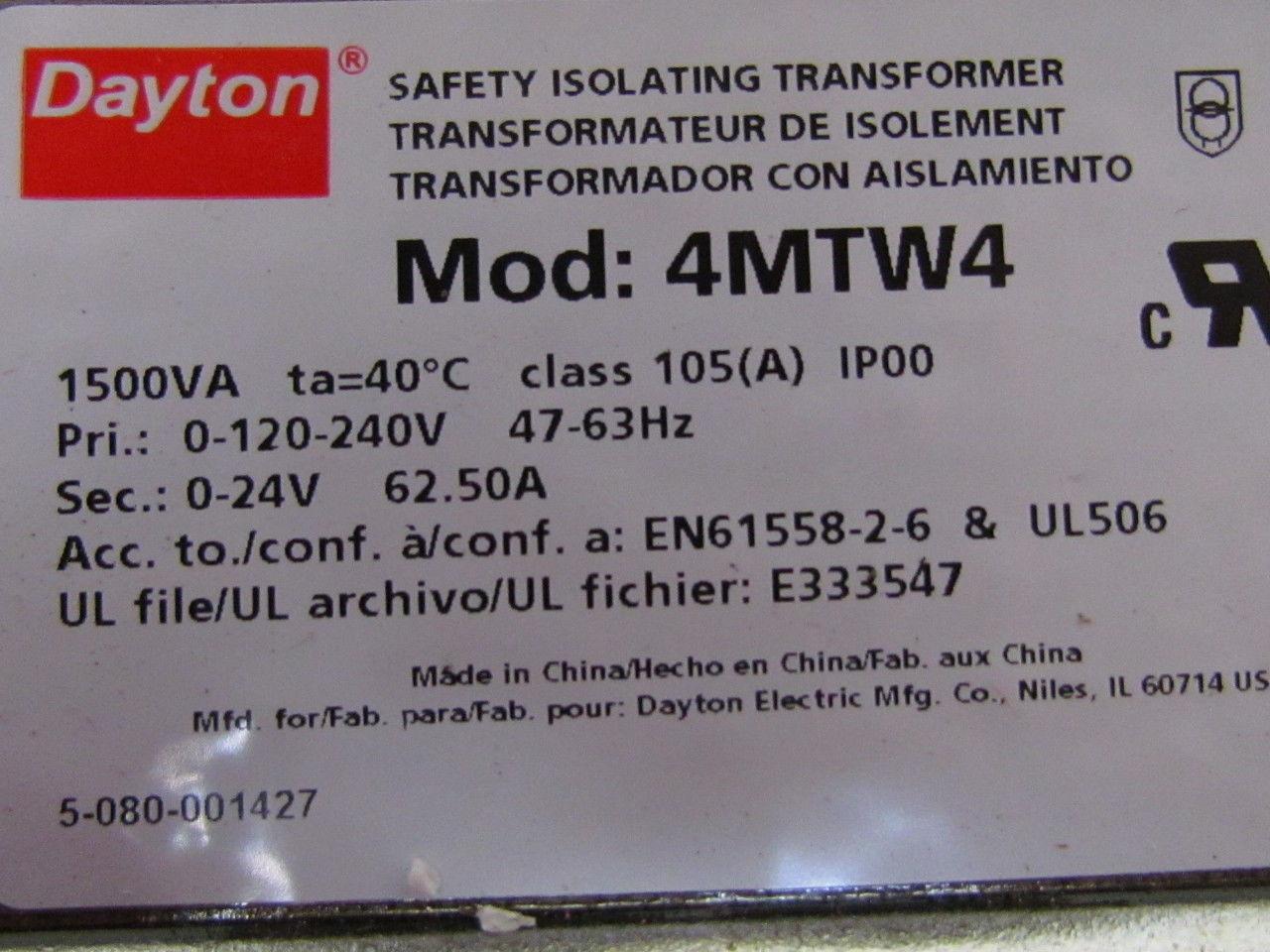 Dayton 4MTW4 Control Transformer Primary 120/240VAC Secondary 24VAC 1500VA 1Ph