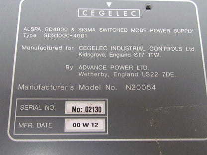 Cegelec ALSTOM N20054 ALSA GD4000 SIGMA Switched Mode Power Supply GDS1000-4001