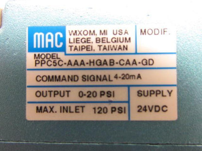MAC PPC5C-AAA-HGAB Analong Pressure Proportional Valve 1/8" NPT  20 PSI 24VDC