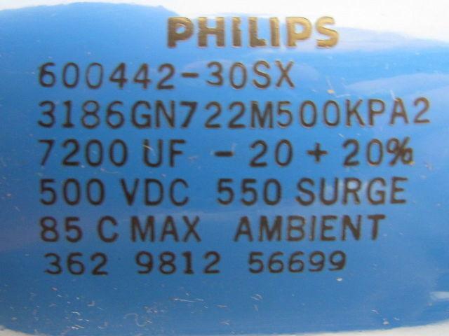 Phillips 60044230SX 3186GN722M500KPA2 Capacitor 7200UF -20+20% 500VDC 550 Surge