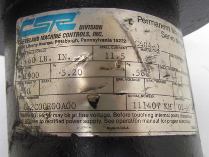 Cleveland C42C00E00A00 Permanent magnet Servo Motor 60 Lbs/In 115V 1900RPM
