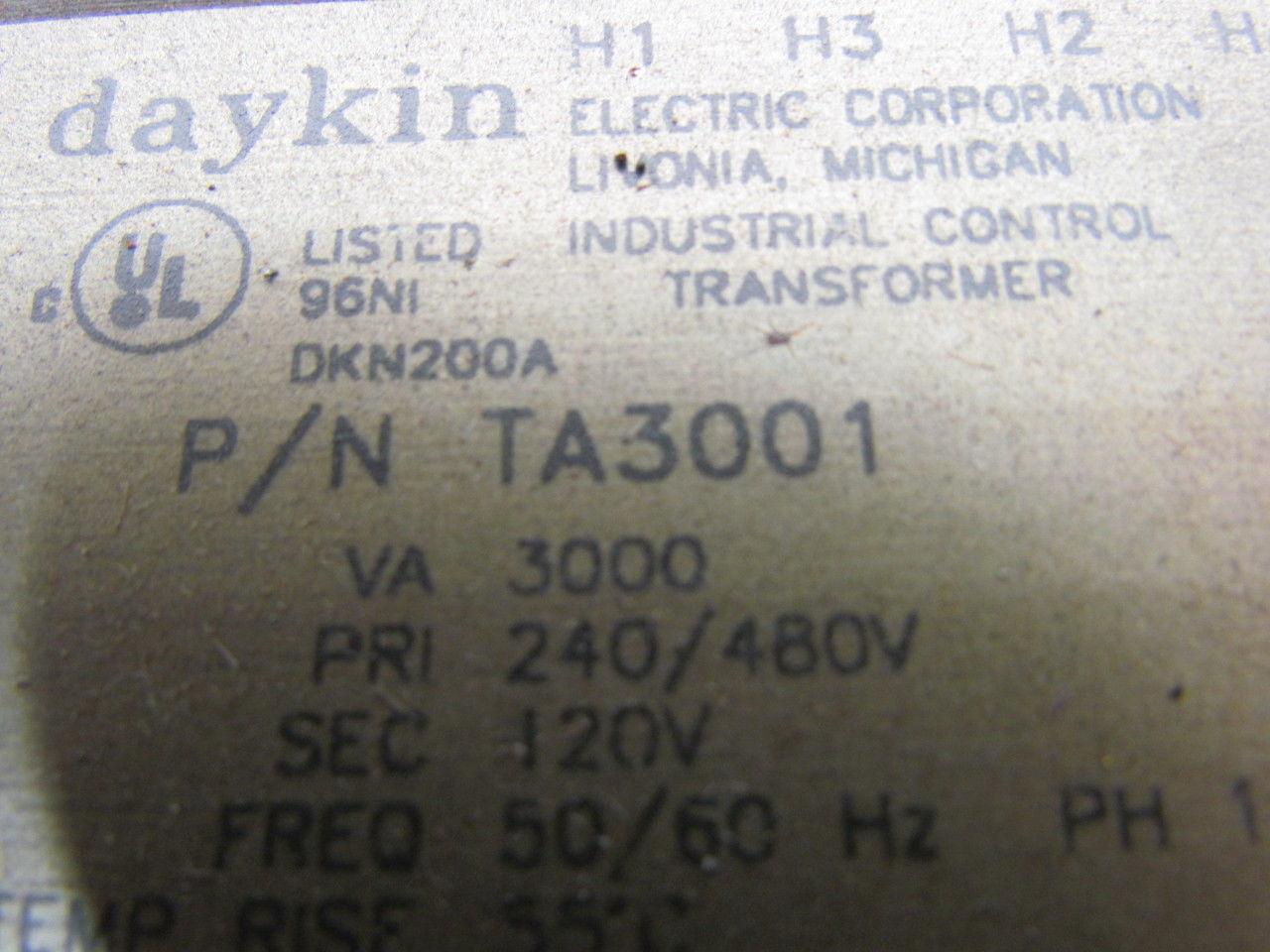 DayKin TA3001 Transformer 3000 VA 240/480V Pri 120V Sec Single Phase