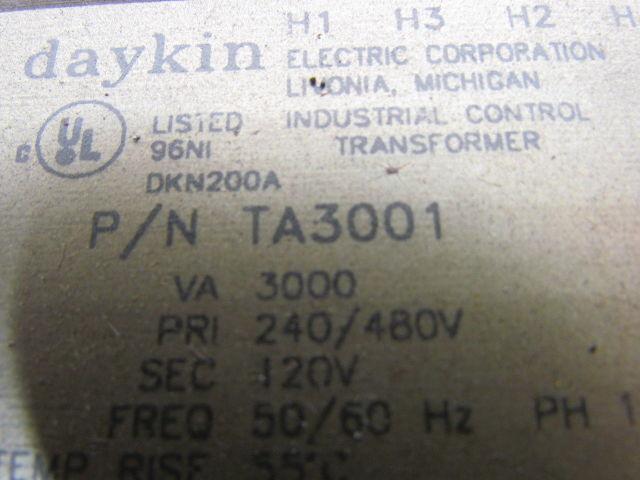 DayKin TA3001 Transformer 3000 VA 240/480V Pri 120V Sec Single Phase