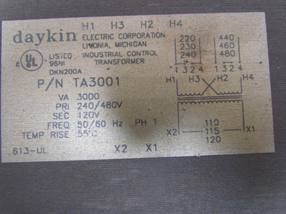 DayKin TA3001 Transformer 3000 VA 240/480V Pri 120V Sec Single Phase