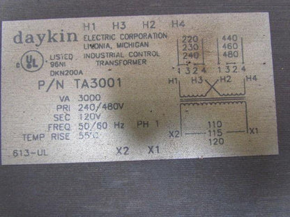 DayKin TA3001 Transformer 3000 VA 240/480V Pri 120V Sec Single Phase