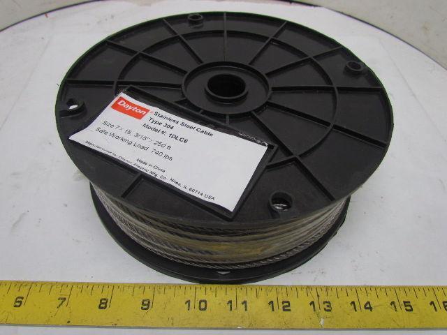 Dayton 1DLC6 Stainless Steel Cable 3/16" Dia 250' Roll Type 304 740Lb Capacity
