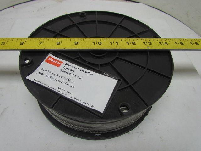Dayton 1DLC6 Stainless Steel Cable 3/16" Dia 250' Roll Type 304 740Lb Capacity