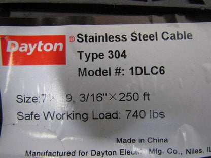Dayton 1DLC6 Stainless Steel Cable 3/16" Dia 250' Roll Type 304 740Lb Capacity
