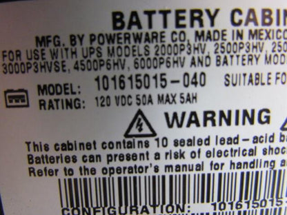 Powerware Prestige 101615015-040 Battery Cabinet for UPS 120 VDC 50 Amp