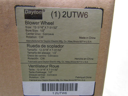 2UTW6 Direct Drive Double Inlet Forward Curve Concave Fan Blower Wheel 12-3/16"