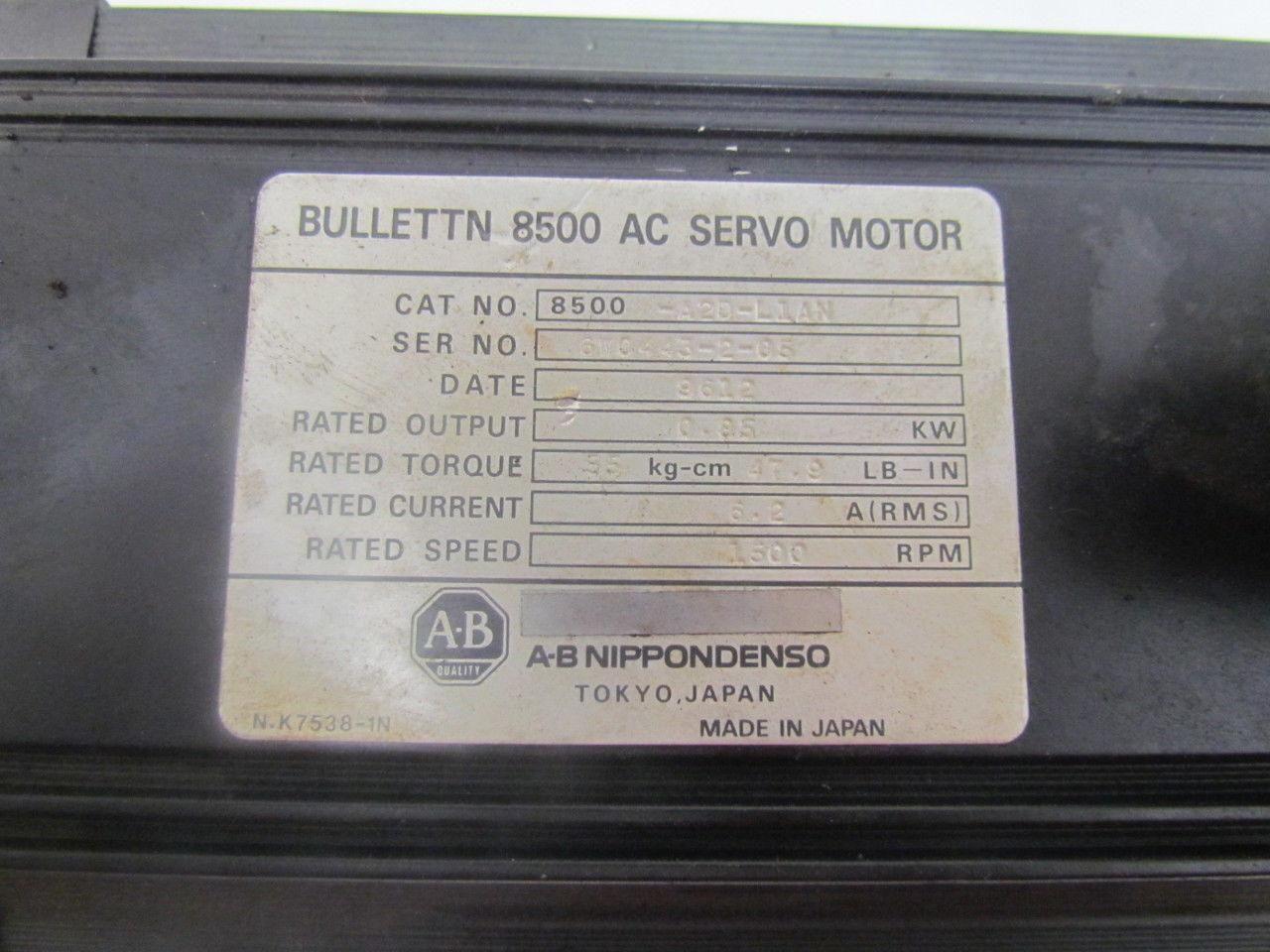 A-B 8500-A2D-L1AN AC Servo Motor Rated Output 0.85KW Torque 47.9 Lb-In 1500 RPM