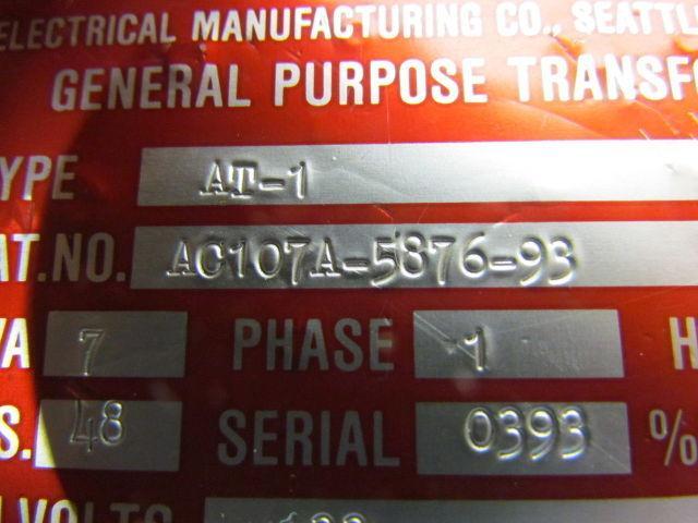 AC107A-5876-93 Type AT-1 Single Phase Transformer 7Kva 133V Pri 120/93/70V Sec