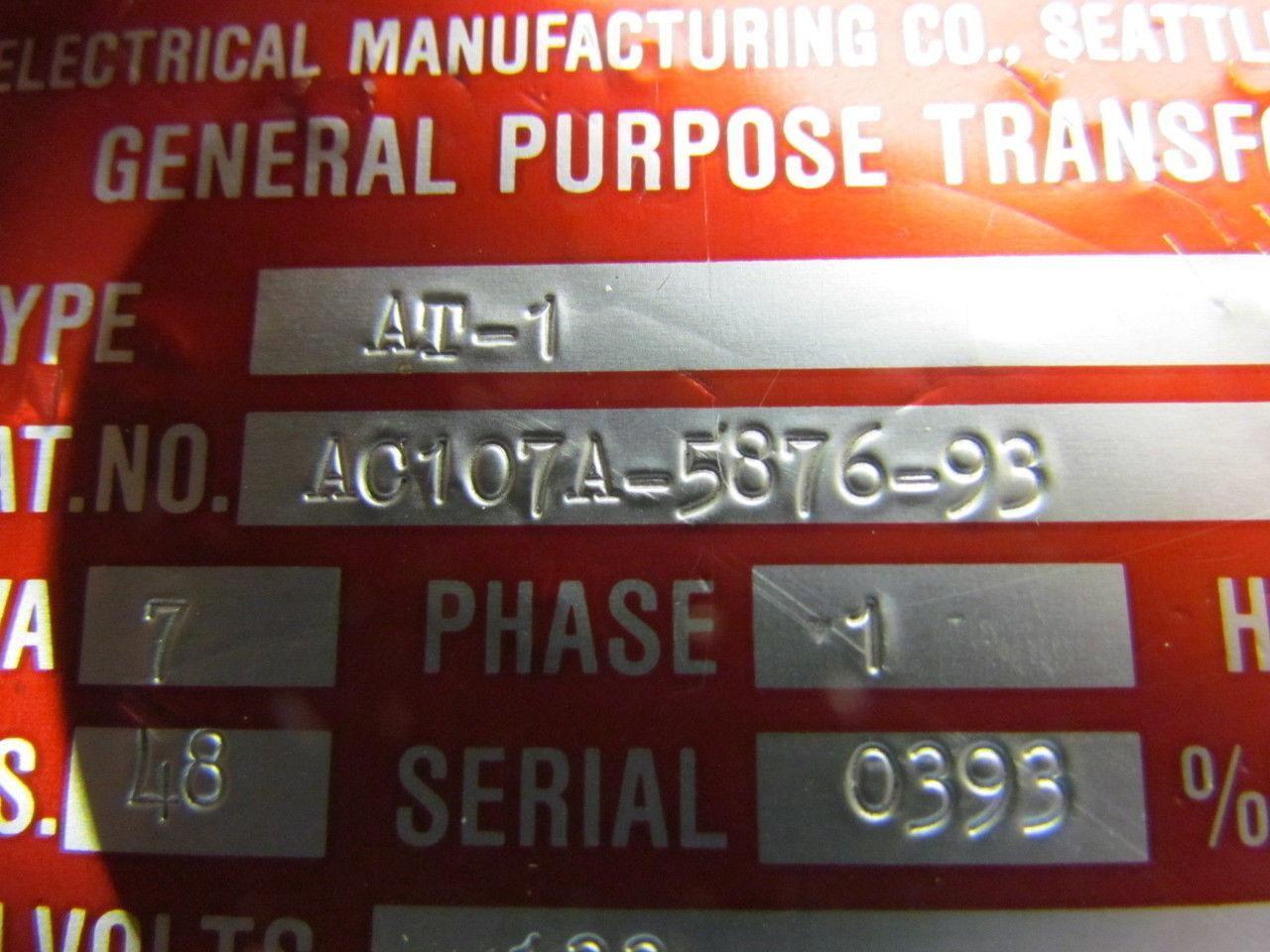 AC107A-5876-93 Type AT-1 Single Phase Transformer 7Kva 133V Pri 120/93/70V Sec