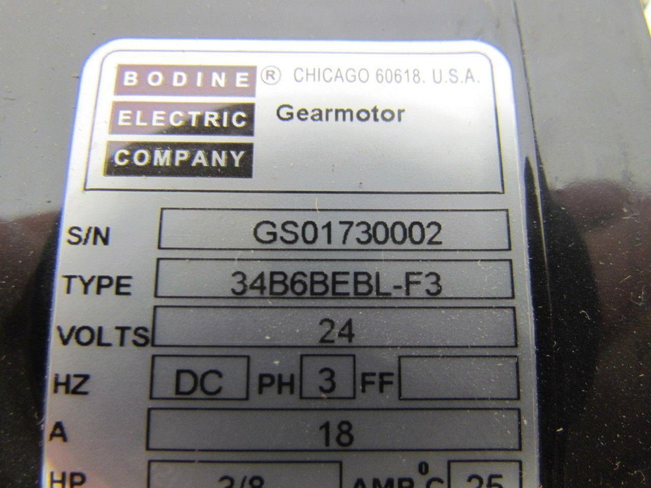 Bodine Electric 34B6BEBL-F3 24V Gearmotor 18amp 3/8HP 125RPM 20:1 Ratio