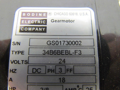 Bodine Electric 34B6BEBL-F3 24V Gearmotor 18amp 3/8HP 125RPM 20:1 Ratio