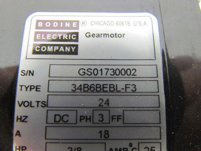 Bodine Electric 34B6BEBL-F3 24V Gearmotor 18amp 3/8HP 125RPM 20:1 Ratio