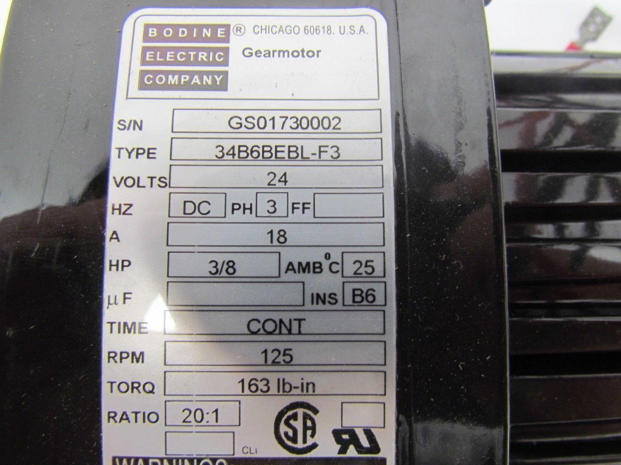 Bodine Electric 34B6BEBL-F3 24V Gearmotor 18amp 3/8HP 125RPM 20:1 Ratio