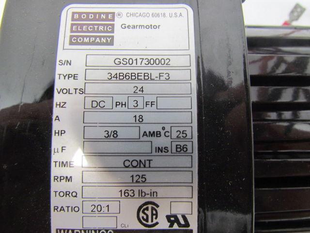 Bodine Electric 34B6BEBL-F3 24V Gearmotor 18amp 3/8HP 125RPM 20:1 Ratio