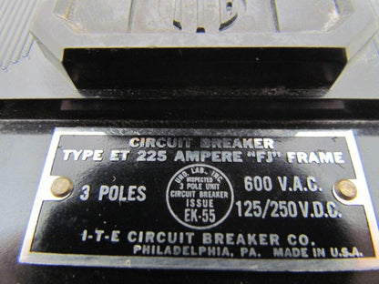 ITE ET225 70amp 3-pole 600V Circuit Breaker W/ Adjustable trip FJ style Frame